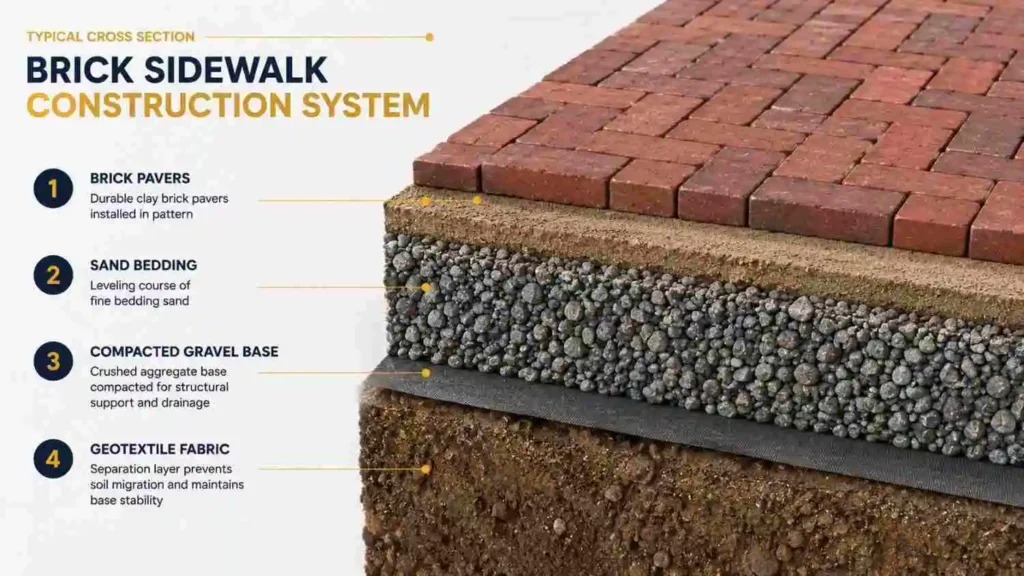 cross section of brick sidewalk layers: geotextile fabric, gravel base, sand bedding, brick pavers