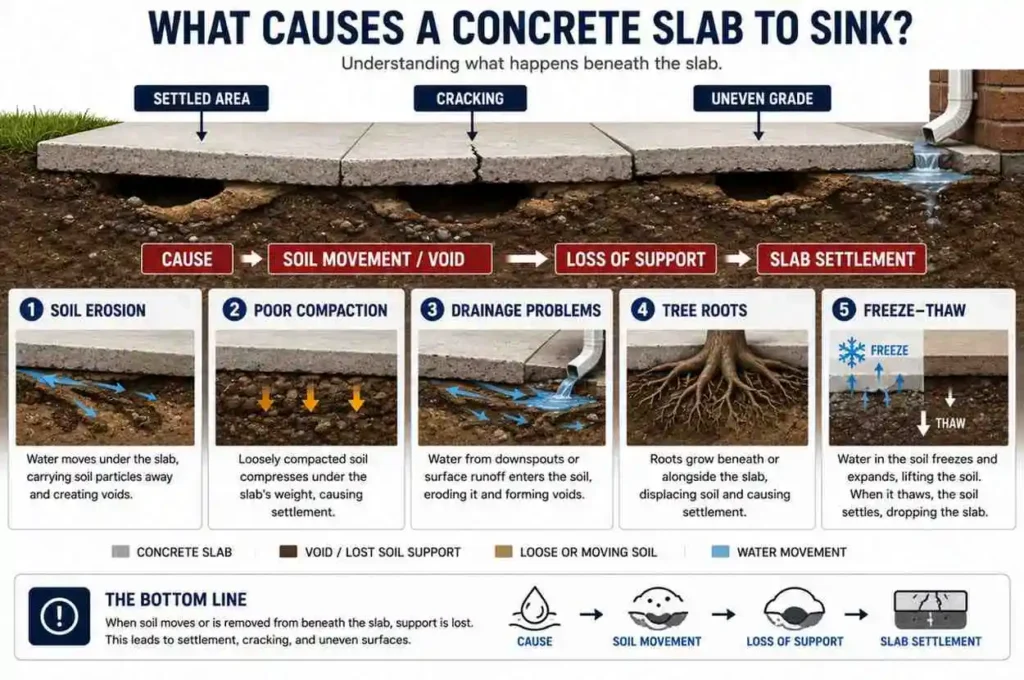 Cross-section diagram showing how soil erosion, poor compaction, drainage, tree roots, and freeze-thaw movement can cause a concrete slab to sink.