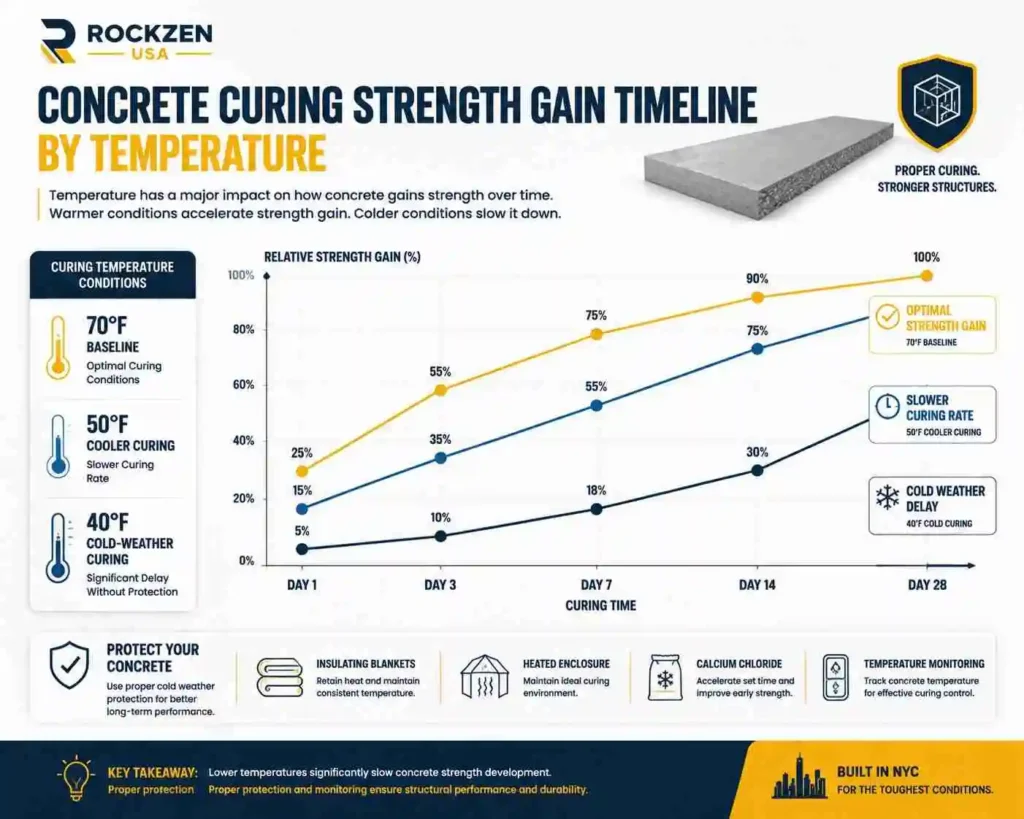 concrete curing strength gain timeline by temperature: 70°F baseline vs 50°F vs 40°F comparison chart