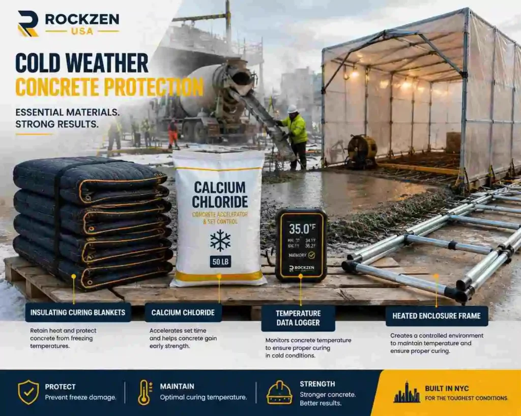 concrete temperature requirements by curing stage: placement 55–65°F, early curing 50°F minimum, final curing 40°F acceptable with protection