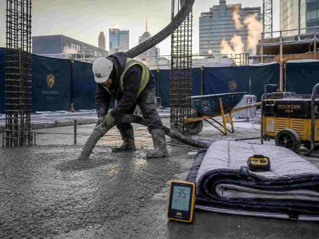 contractor pouring concrete in cold weather with insulated blankets ready on site
