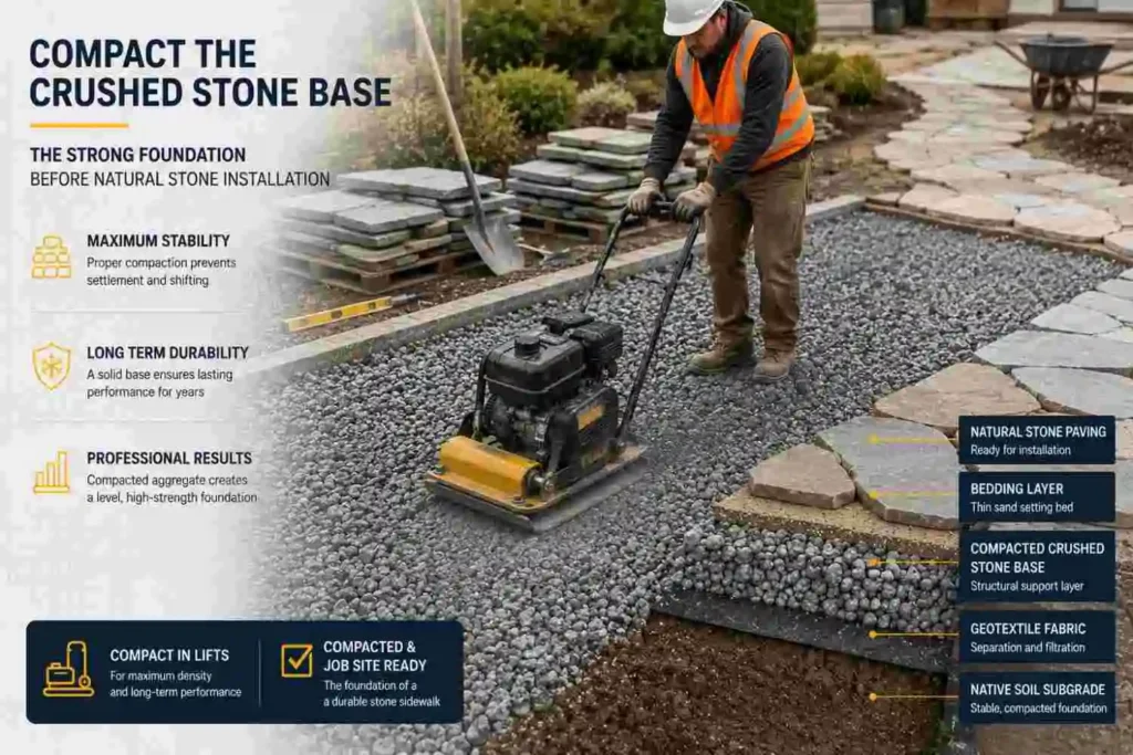 worker compacting crushed stone base for stone sidewalk installation in New York
