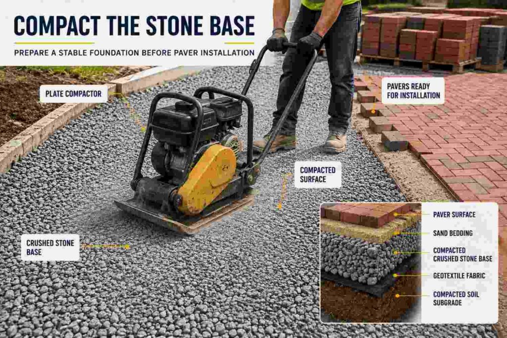 compacting a crushed stone base layer with a plate compactor before paver sidewalk installation