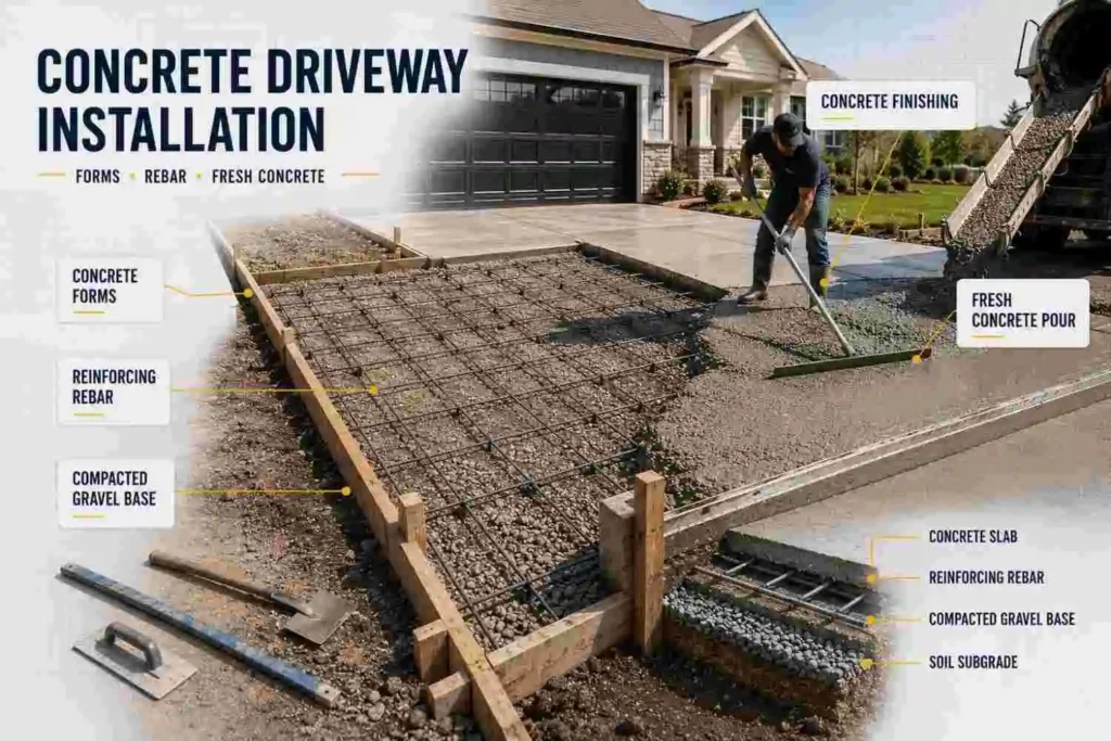 concrete driveway installation with reinforcing rebar and fresh concrete pour in New York