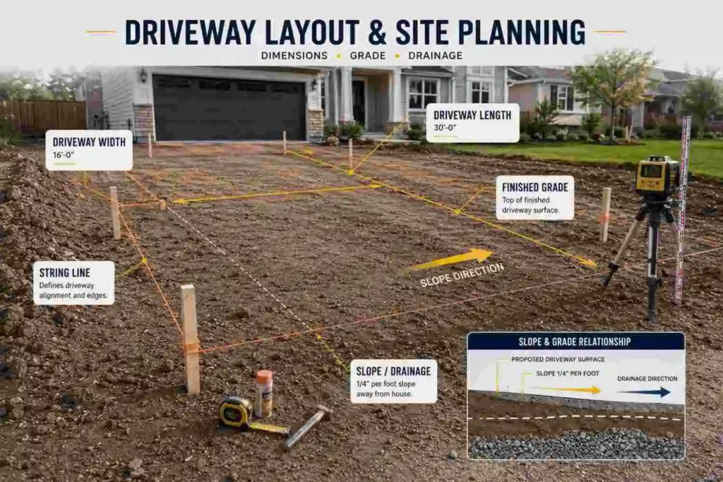 concrete driveway layout and site planning showing dimensions grade and drainage in New York