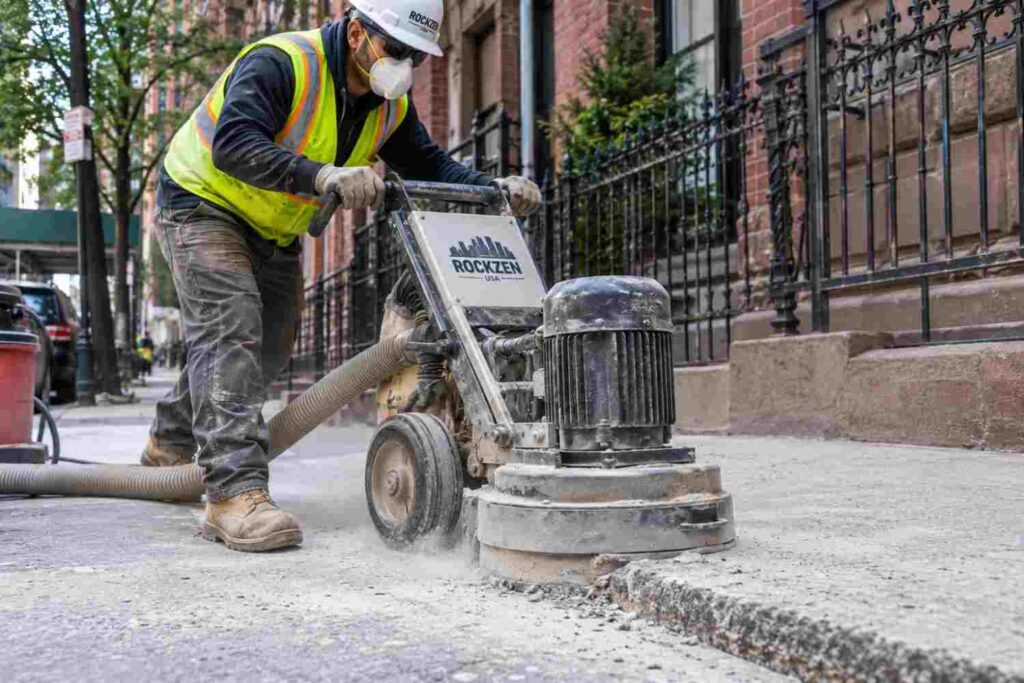 Professional concrete grinding machine removing a raised sidewalk edge to eliminate a trip hazard in NYC