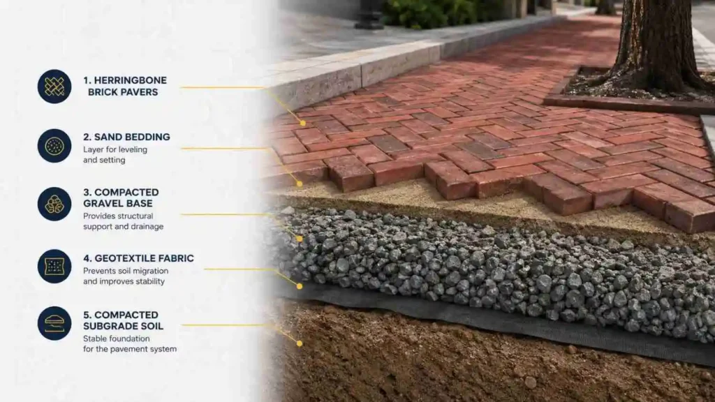 brick sidewalk installation with herringbone pattern over a compacted gravel base