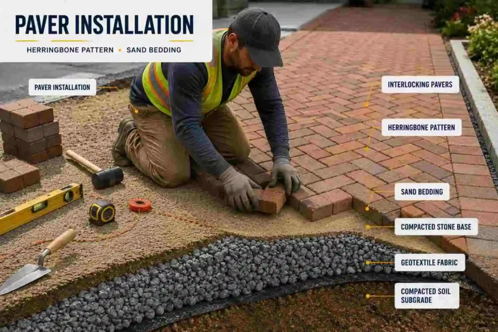 Worker laying interlocking concrete pavers in a herringbone pattern over a compacted sand base