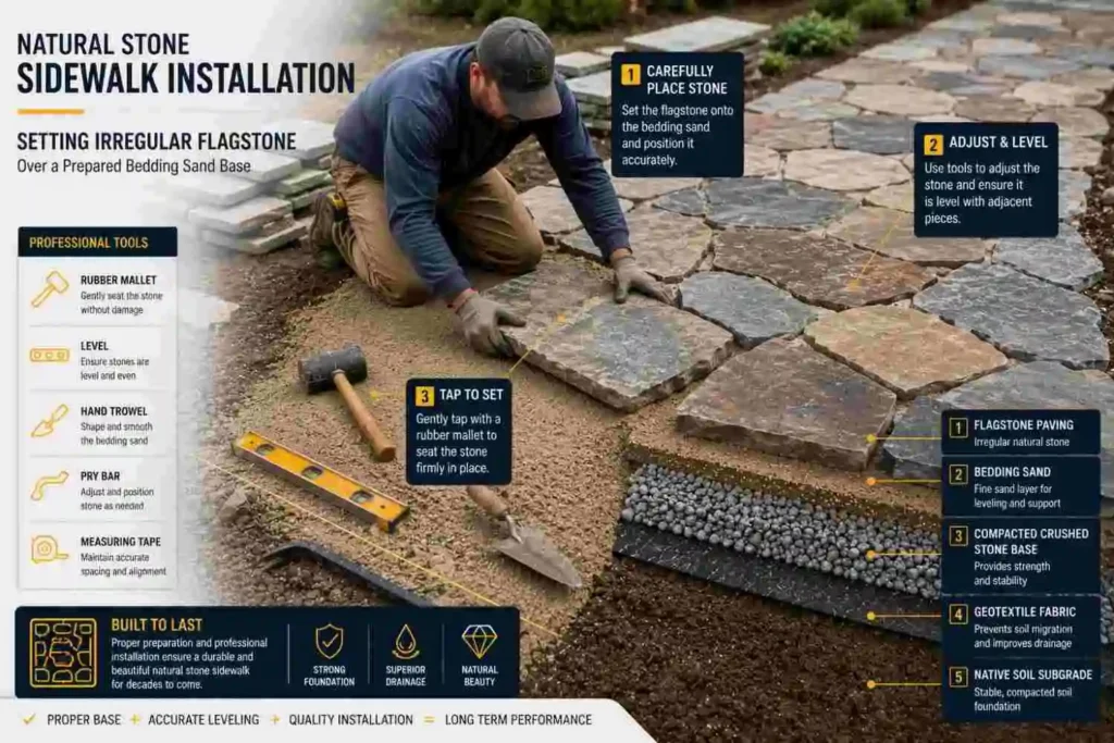 mason setting flagstone in an irregular pattern over a sand base in New York