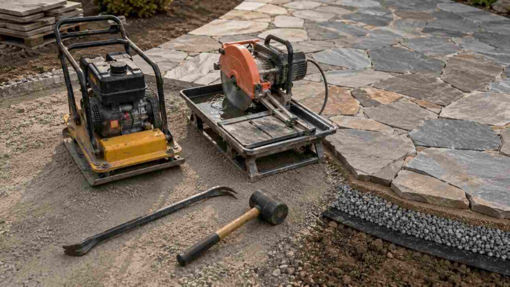 Natural stone sidewalk installation tools including a plate compactor, masonry saw, pry bar, and rubber mallet