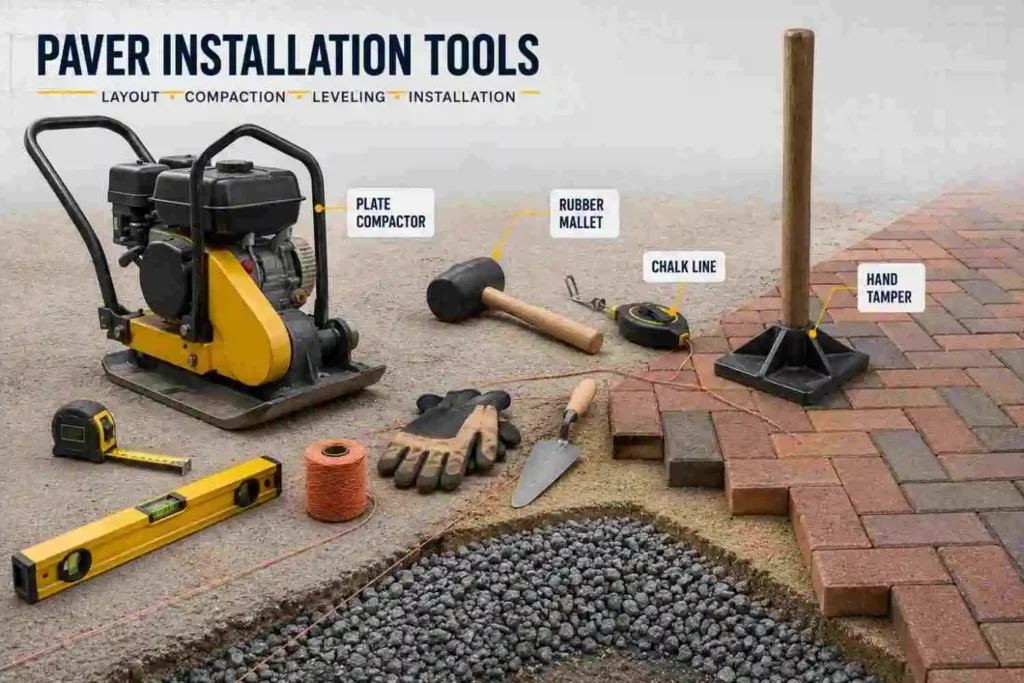 paver installation tools including plate compactor rubber mallet chalk line and tamper