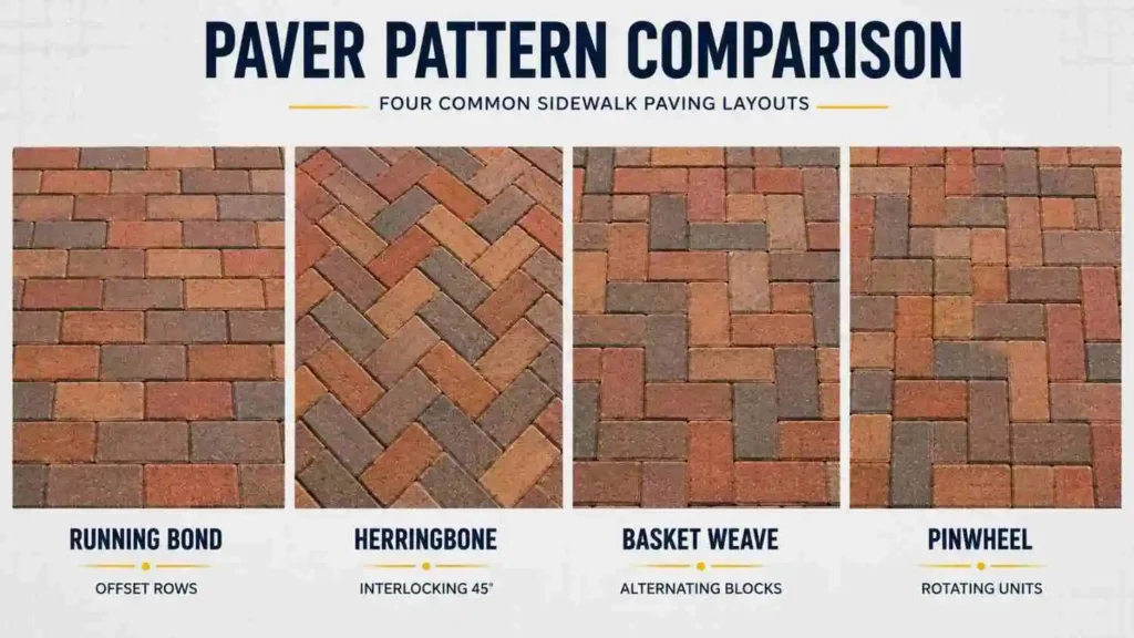 comparison of running bond herringbone basket weave and pinwheel paver patterns