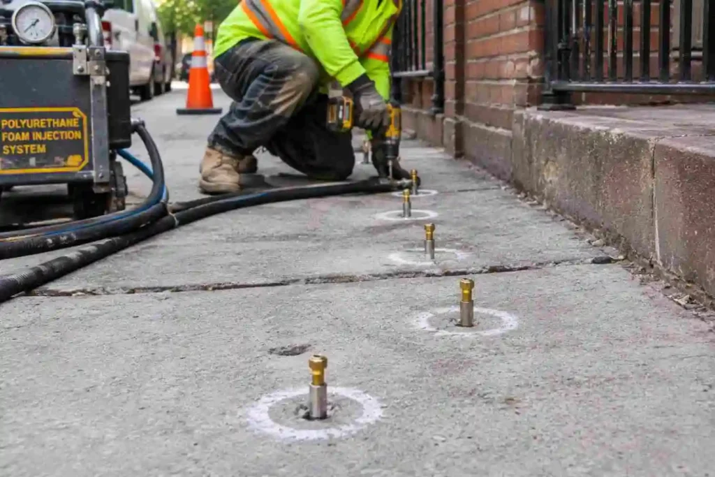 Polyurethane foam injection ports drilled in a sunken sidewalk before the lifting process begins