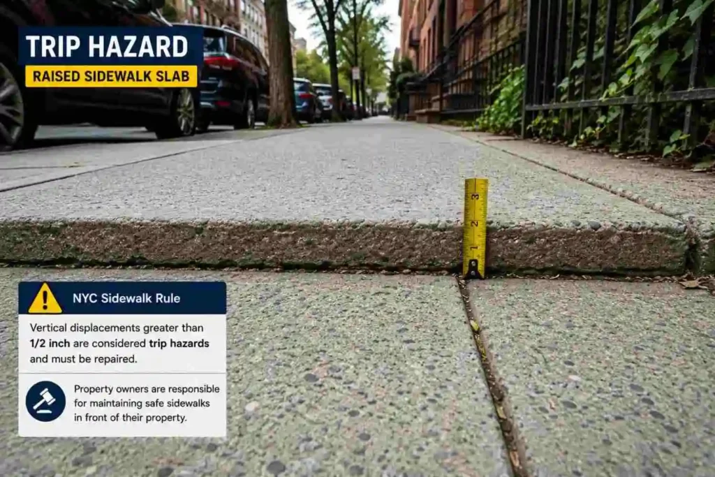Raised cement sidewalk slab creating a trip hazard on a New York City street
