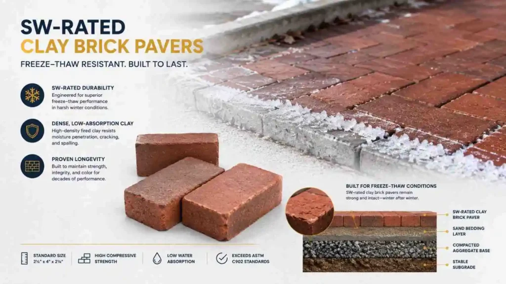 SW-rated clay brick pavers for a freeze-thaw resistant sidewalk