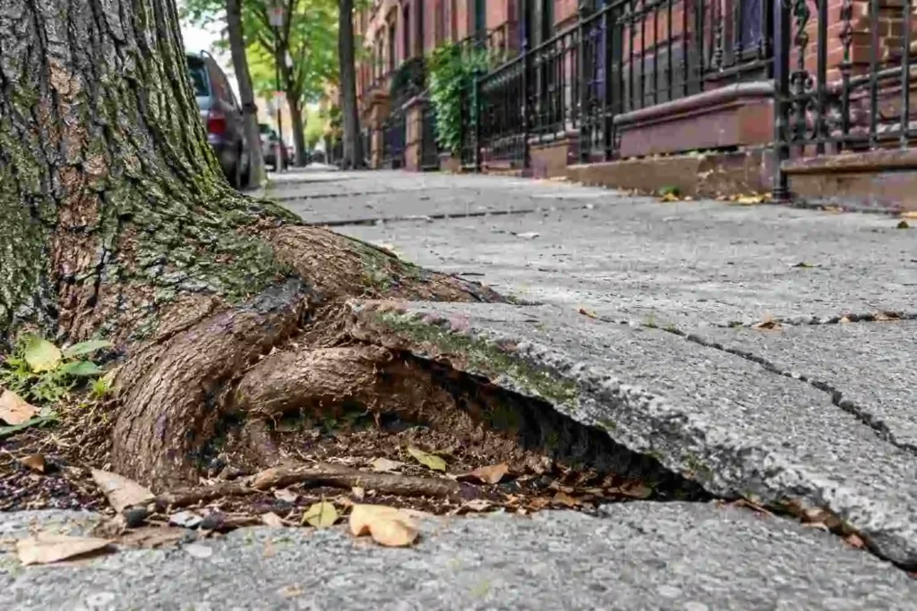 Tree root lifting a cement sidewalk slab from below in a Brooklyn neighborhood