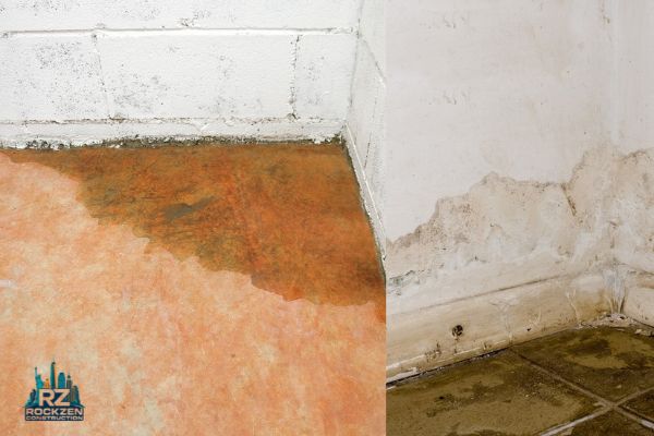 Water-stained basement floor and a damp, peeling wall at the floor joint